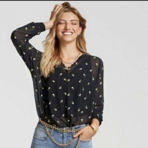 CAbi Black Longsleeved Smocked Blouse with Olive/White Floral - Size M